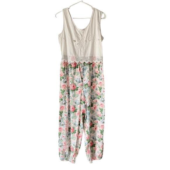 Vintage Allison Rose By Dragon Fly Cabbage Rose Lace Eyelet Romper size medium - Picture 1 of 10